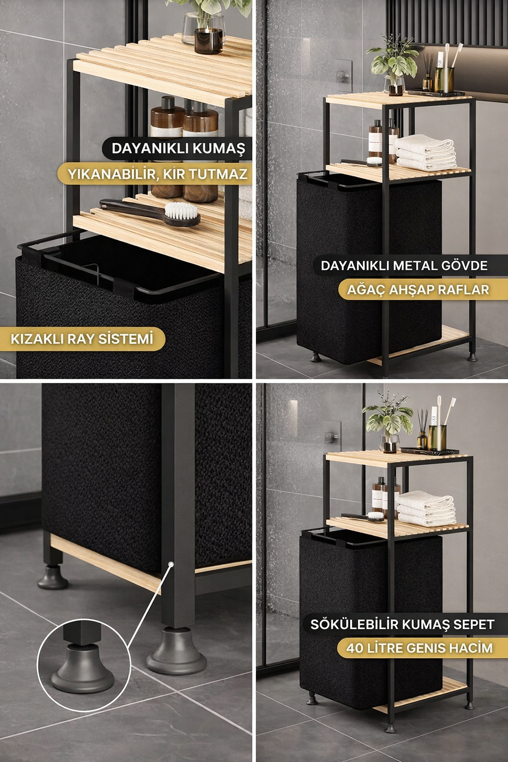 Ahşap Gövdeli 2 Katlı Kirli Çamaşır Sepeti